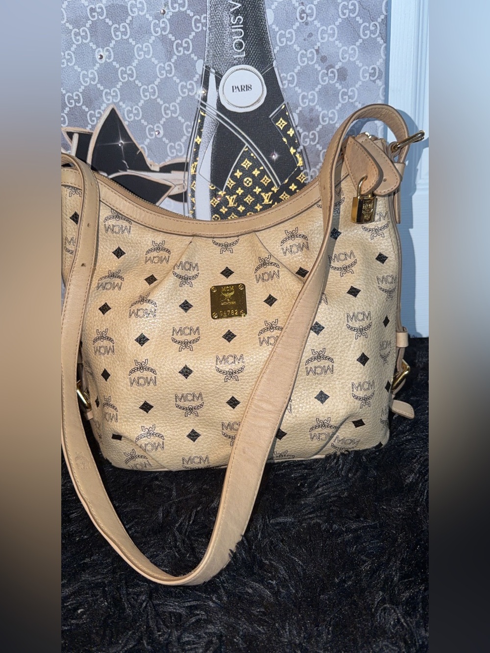 MCM Beige Logo Shoulder Bag